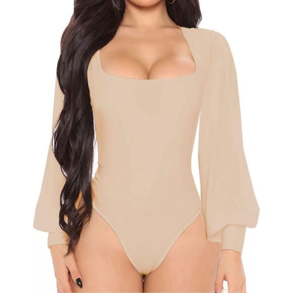 NEW Square Neck Long Sleeve Lantern Sleeve Bodysuit S - Picture 1 of 6